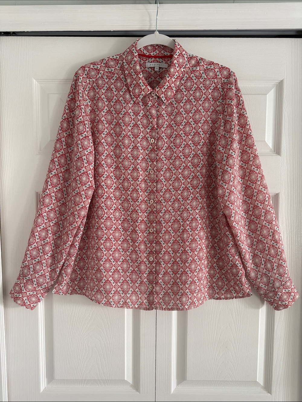 Foxcroft Orange/White/Blue Print Button Front Blouse - Size 14